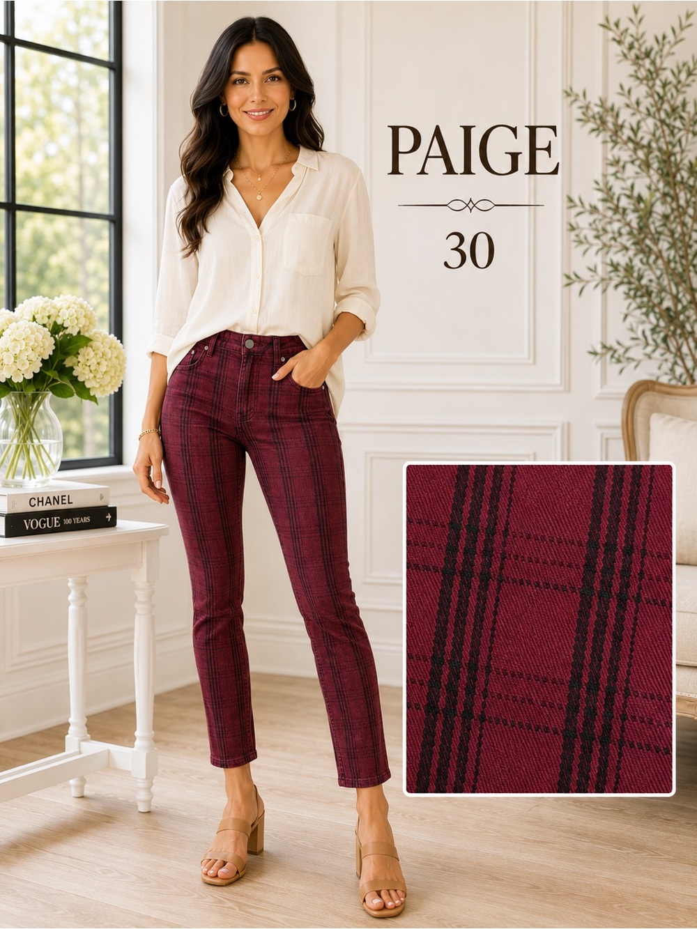 PAIGE Hoxton Ankle Plaid Jeans Burgundy Black Size 30 Stretch
